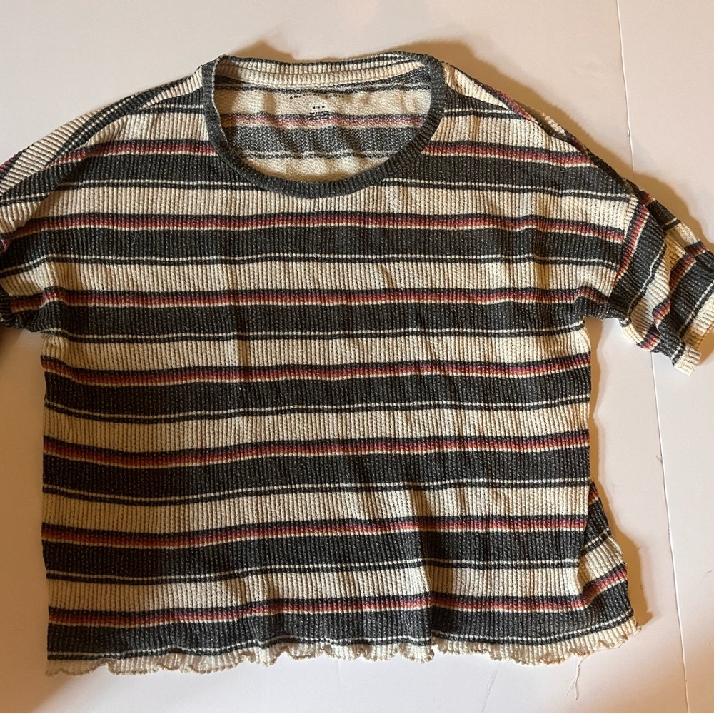American Eagle Outfitters Striped Short Sleeve Top in Cream, Black, and Red